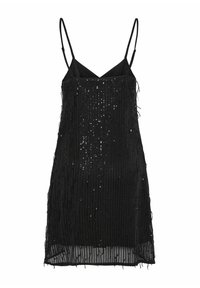 Robe noire sans manches avec fines bretelles, recouverte de sequins noirs verticaux et de franges délicates, semi-transparente à l'ourlet.