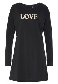 Svart långärmad T-shirt klänning i mjuk bomull med "LOVE" i gyllene textur bokstäver på framsidan. Normal passform, rund halsringning.
