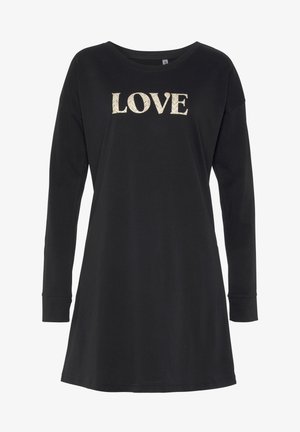 Schwarzes langärmliges T-Shirt-Kleid aus weicher Baumwolle mit "LOVE" in goldfarbener, strukturierter Schrift auf der Vorderseite. Reguläre Passform, Rundhalsausschnitt.