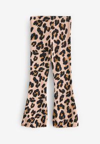 Leopardenmuster Schlagleggings mit einem hellrosa Grundton und schwarzen sowie braunen Flecken, aus dehnbarem Stoff mit strukturierter Oberfläche.
