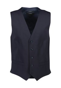 Marineblau, ärmellose Weste aus glattem Stoff, ausgestattet mit fünf Knöpfen, zwei Fronttaschen und einem klassischen V-Ausschnitt-Design.