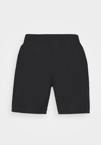 Pantalones cortos deportivos negros con una cintura elástica, textura suave y corte hasta la rodilla; sin bolsillos ni patrones visibles.