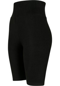 Schwarze, knielange Stretch-Shorts mit hohem Bund, die eine glatte, figurbetonte Passform haben und keine sichtbaren Muster oder Logos aufweisen.
