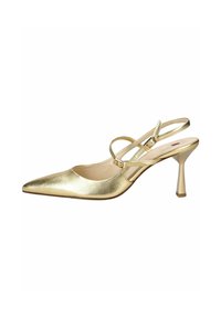 Gouden metallic pumps met een spits toelopende neus, een slingback-bandje met twee dunne verstelbare riempjes en een slanke hak van gemiddelde hoogte.