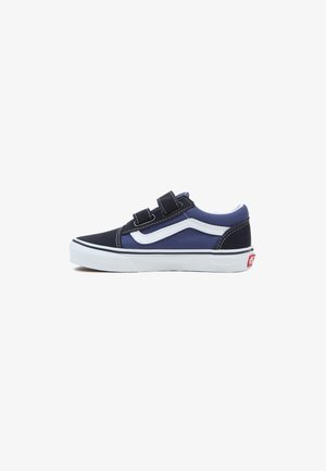 Blue canvas sneaker with two black straps, white accents, and a white rubber sole. Features classic Vans design.