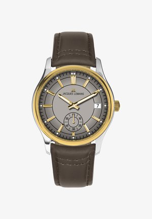 Horloge van roestvrij staal met een goudkleurige lunette, een grijze wijzerplaat en drie subdials. Bruine leren band met stikseldetails.