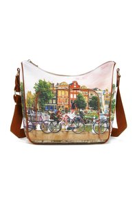 Borsa a spalla con un design stampato vivace che presenta biciclette e un paesaggio di canale, realizzata in tessuto con dettagli in ecopelle. Tracolla marrone.