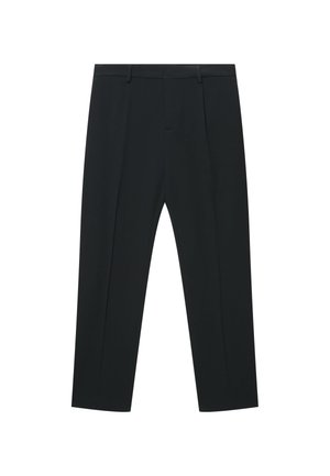 Pantaloni da abito neri su misura con passanti per cintura e piega frontale, mostrati distesi su sfondo bianco.