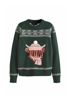 Green knitted sweater with a Highland cow design, featuring a pink hat with pom-pom, textured fringes, and snowflake patterned trim.