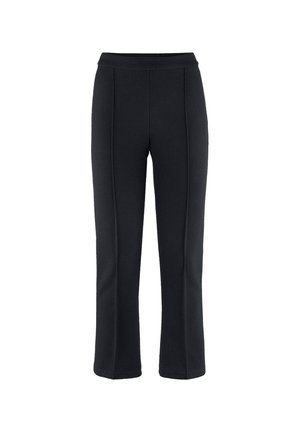 Pantaloni neri a gamba dritta con vita a mezza altezza e dettagli di cuciture verticali visibili sul davanti.