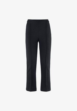 Zwarte broeken met rechte pijpen, een tailleband met middenhoogte en zichtbare verticale naden aan de voorkant.