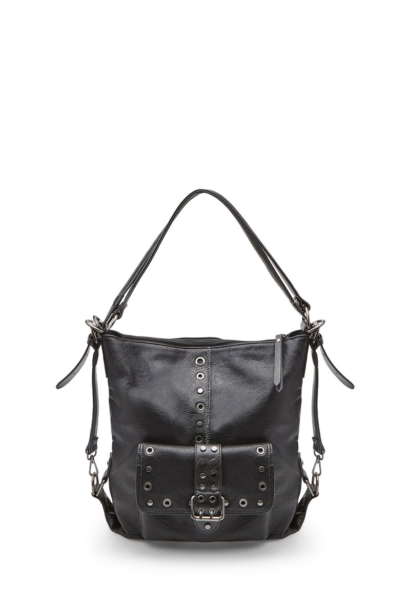 Borsa a tracolla in pelle nera dal design morbido, con accessori in metallo, una tasca frontale con bottone a pressione e borchie decorative lungo il centro.