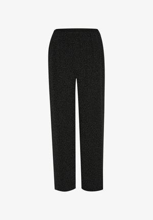 Pantaloni negri din material elastic, cu un tiv elastic, design drept și mici sclipiri metalice pentru o textură suplimentară.