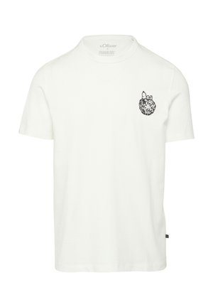 Weißes Baumwoll-T-Shirt mit kurzen Ärmeln, Rundhalsausschnitt und einem schwarzen Cartoon-Graphic auf der linken Brust, das eine Figur zeigt, die einen Keks hält.