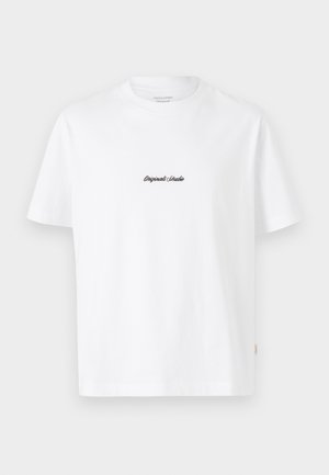 White cotton t-shirt with short sleeves, featuring a small black "Originals Studio" logo on the chest and a textured label on the hem.