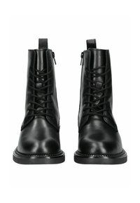 Black leather ankle boots with a smooth texture, featuring front lacing and side zip, rounded toe, and a sturdy rubber sole.