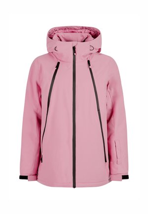 Roze waterdichte jas met een hoge kraag, zwarte ritsen en verstelbare trekkoorden. Beschikt over zijzakken en elastische manchetten.