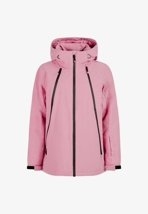 Roze waterdichte jas met een hoge kraag, zwarte ritsen en verstelbare trekkoorden. Beschikt over zijzakken en elastische manchetten.