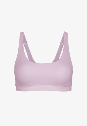 Lilas bralette, pagamintas iš lygios medžiagos, su plačiomis petnešomis ir apvaliu iškirpimu. Paprastas dizainas su elastinga juosta paramai.