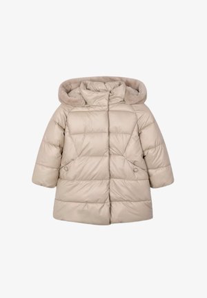 Beige gewatteerde jas met een zachte capuchon, voorzien van een doorgestikte textuur, zijzakken en een losse pasvorm. Glad, zacht buitenmateriaal.