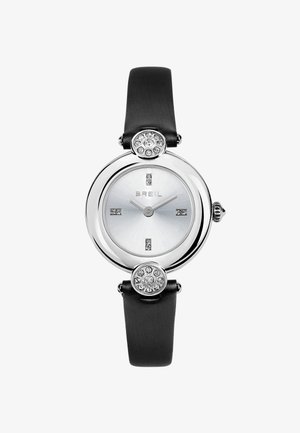Rundes silbernes Uhrengehäuse mit Kristall-Stundenmarkierungen, schwarzem Armband und dekorativen Kristallakzenten oberhalb und unterhalb des Zifferblatts, Marke Breil.