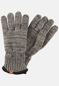 Gray knitted gloves featuring a ribbed cuff, with a textured pattern throughout and a brown leather accent label.