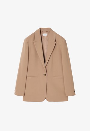 Blazer beige avec un design structuré, des revers crantés, deux poches avant, une fermeture à un bouton et une texture lisse.
