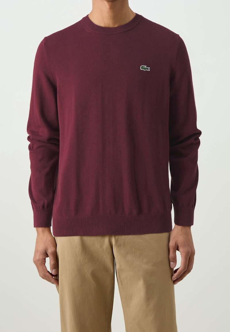 Homme portant un pull bordeaux à manches longues et col rond avec un petit logo crocodile vert sur la poitrine gauche et un pantalon beige.