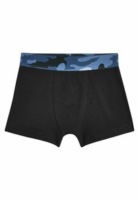 Fekete pamut boxer alsónadrág, kék álcázott mintás derékrésszel. A kialakítás tartalmaz egy elülső zsebet és egy testhezálló formát.