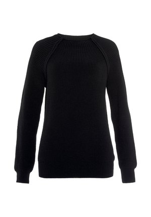 Schwarzer, gestrickter Pullover mit langen Ärmeln und Rundhalsausschnitt. Verfügt über eine gerippte Textur und eine gerade Passform. Weicher Stoff, keine sichtbaren Muster oder Hardware.