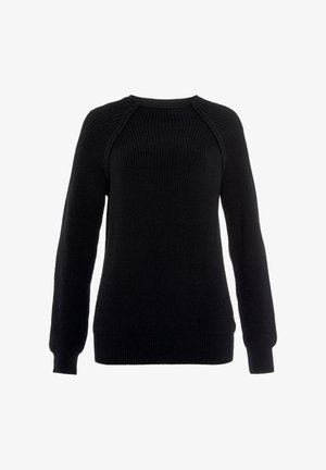 Schwarzer, gestrickter Pullover mit langen Ärmeln und Rundhalsausschnitt. Verfügt über eine gerippte Textur und eine gerade Passform. Weicher Stoff, keine sichtbaren Muster oder Hardware.