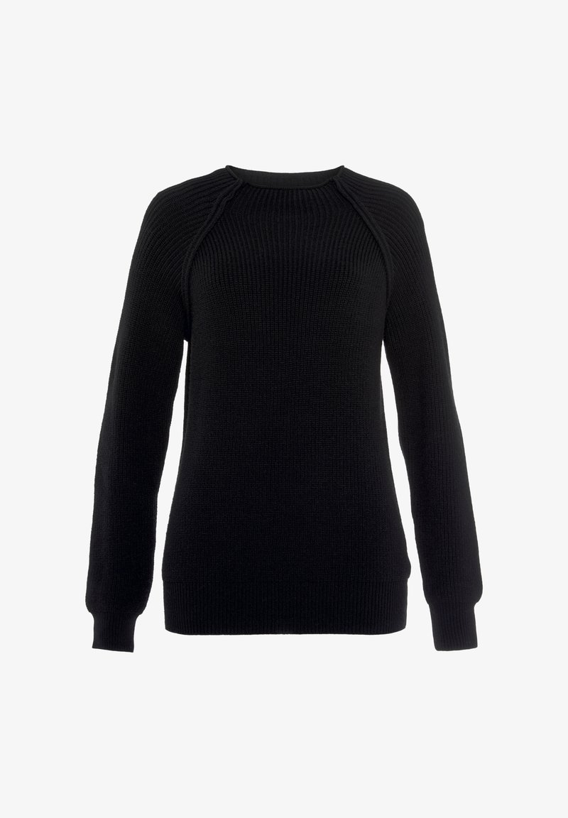 Schwarzer, gestrickter Pullover mit langen Ärmeln und Rundhalsausschnitt. Verfügt über eine gerippte Textur und eine gerade Passform. Weicher Stoff, keine sichtbaren Muster oder Hardware.