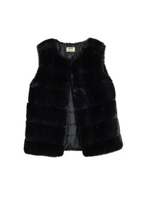 Gilet in pelliccia sintetica nera con design trapuntato, caratterizzato da un collo rotondo e senza chiusure. Tessuto morbido con una fodera interna calda.