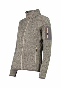 Grijze fleece jas met hoge kraag, volledige rits en zijzakken. Heeft contrasterende grijze accenten en een ritssluiting zak op de bovenarm.