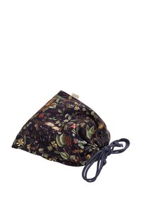 Floral drawstring pouch in dark fabric, featuring vibrant botanical patterns. Soft texture with cinched top and navy cord. Compact triangular shape.