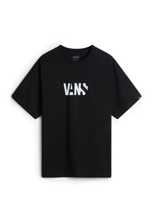 Czarny t-shirt Vans z krótkim rękawem z białym, wyraźnym logo Vans na klatce piersiowej, z okrągłym dekoltem.