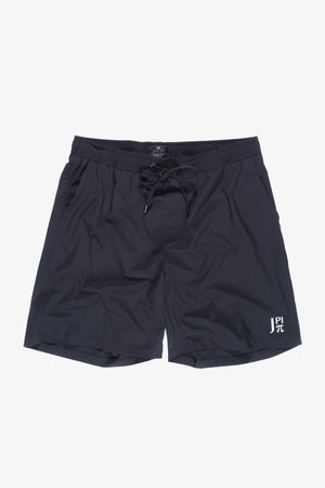 Pantaloni da nuoto blu navy realizzati in tessuto leggero e quick-drying. Presentano una vita elastica con cordino e un logo bianco davanti.