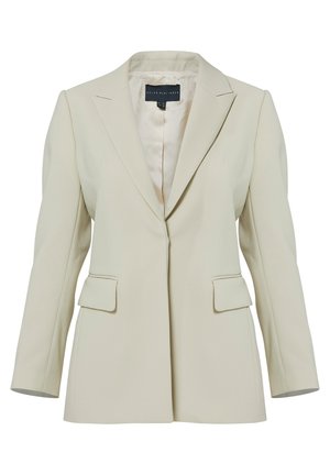 Beige tailored blazer with a single-breasted design, notched lapels, and two front pockets. Smooth fabric with structured shoulders.