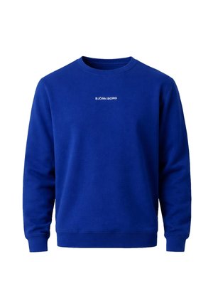 Blauer Sweatshirt mit Rundhalsausschnitt und langen Ärmeln, mit dem Schriftzug "BJÖRN BORG" in kleiner weißer Schrift mittig auf der Brust.
