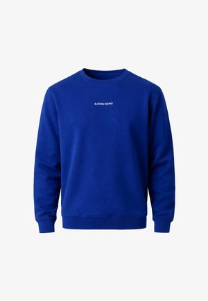 Blauer Sweatshirt mit Rundhalsausschnitt und langen Ärmeln, mit dem Schriftzug "BJÖRN BORG" in kleiner weißer Schrift mittig auf der Brust.