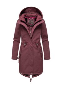 Maroon waterproof jacket with a quilted hood, drawstring waist, and two side pockets; features a smooth outer texture and zip closure.