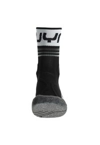 Black athletic sock with a textured gray toe and heel, featuring white stripes and logo at the top. Knitted for breathability and comfort.