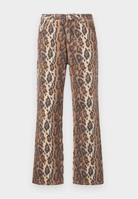 Τζιν με λεοπάρ σχέδιο και στενή εφαρμογή, σε καφέ, μαύρους και κρεμ αποχρώσεις. Κλασικός σχεδιασμός με πέντε τσέπες και μεταλλικά διακοσμητικά.