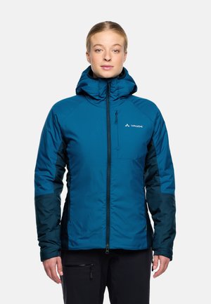 Teal insulated jacket with a front zipper, adjustable hood, and contrasting dark sleeves. Features a zippered chest pocket and soft texture.