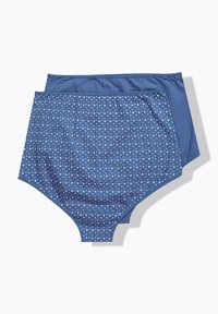 Hoge taille katoenen ondergoed in marineblauw; de ene is effen, de andere heeft witte stippen, met een zachte, rekbare tailleband.