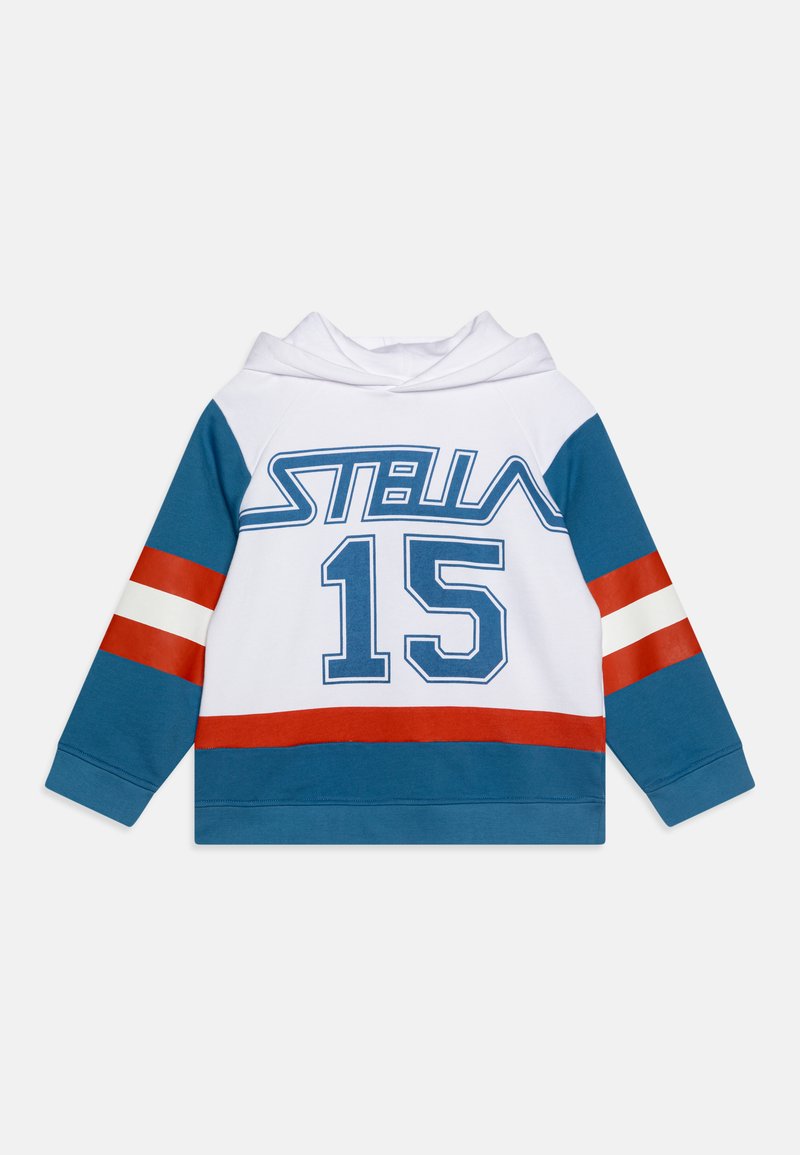 Sudadera con capucha que presenta un cuerpo blanco con mangas en color teal, rayas rojas y blancas, y un texto gráfico en azul que dice "STELLA 15". Material de mezcla de algodón.