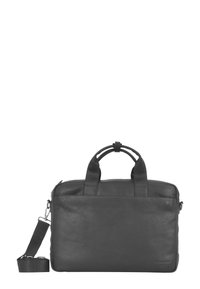 Bolsa de cuero negro para laptop con asas dobles y correa para el hombro desmontable. Textura suave, forma rectangular y sutil branding en el costado.