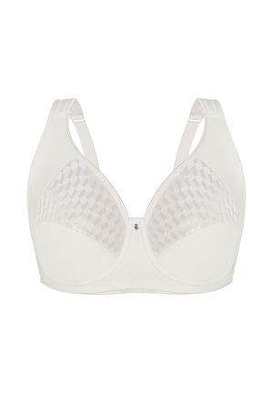 Weißer stützender BH mit breiten verstellbaren Trägern und halbtransparentem, gemustertem Mesh im oberen Bereich der Körbchen, auf weißem Hintergrund präsentiert.