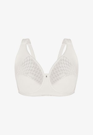 Weißer stützender BH mit breiten verstellbaren Trägern und halbtransparentem, gemustertem Mesh im oberen Bereich der Körbchen, auf weißem Hintergrund präsentiert.