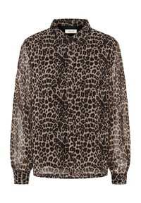 Puošnus leopardų rašto ilgos rankovės marškiniai su apykakle ir rankogaliais, pagaminti iš permatomo lengvo audinio.